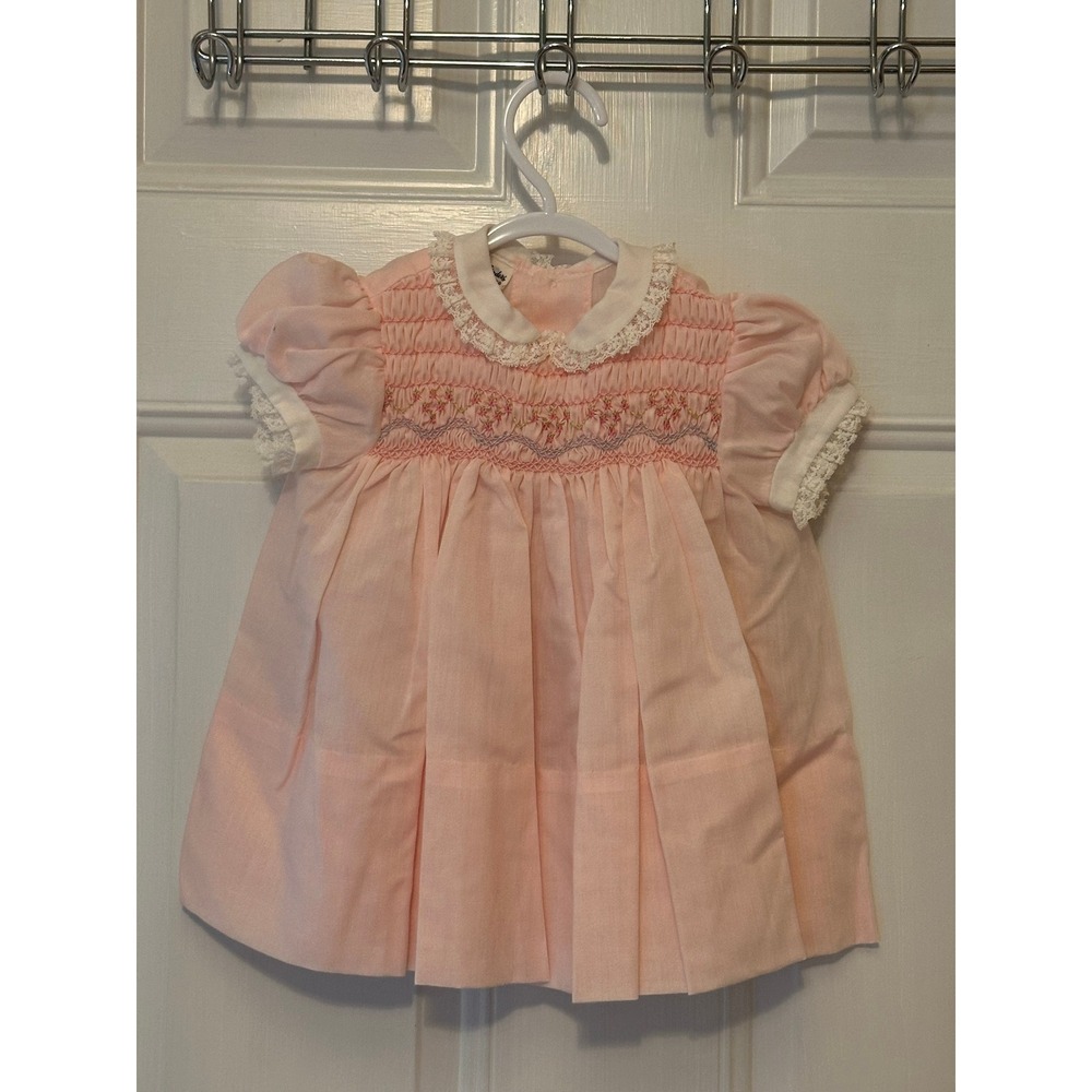 Vintage Polly Flinders Pink Hand Smocked Dress Lace Collar 24 Months